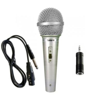 Imagem de Microfone com fio 2.5m p/ Caixas de Som com Cabo Aux. P2 e P10 Prata -