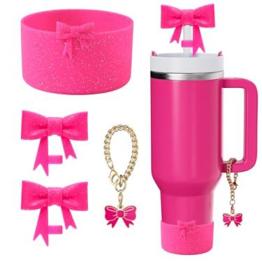 Imagem de Conjunto de acessórios de copo para Stanley, incluindo 1 capa de silicone para botas, 2 tampas de cobertura de canudo com laço de glitter fofo de 10 mm e 1 pingente de alça para Stanley (rosa