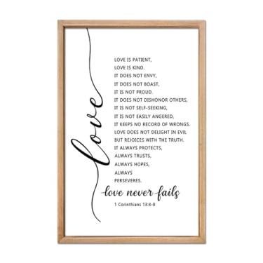 Imagem de FZMHASLWW Love Is Patient Kind Decoração de parede 61 cm × 40 cm Love Never Fails 1 Corinthians 13 placa de verso da Bíblia grande moldura de madeira arte para pendurar na parede (madeira)