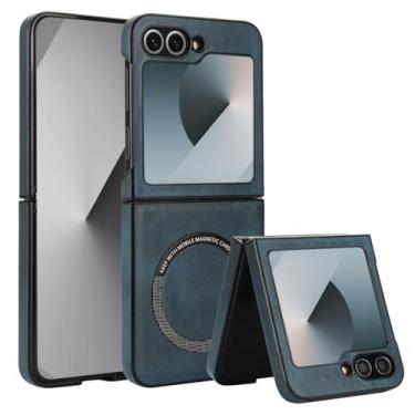 Imagem de XKchatpt Capa magnética para Samsung Galaxy Z Flip 6 suporta carregamento sem fio, capa rígida fina à prova de choque de couro PU para Samsung Galaxy Z Flip 6 (azul)
