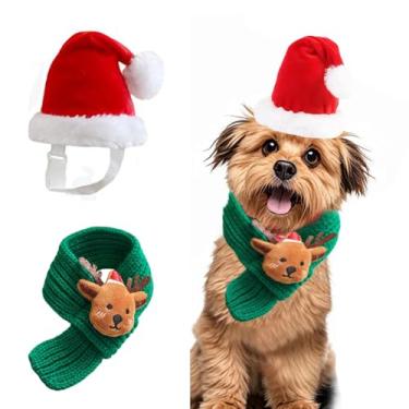 Imagem de JAAQUCD Chapéu de Natal e cachecol para cães pequenos, cachecol vermelho de malha com Papai Noel, acessórios para fantasia de Natal, roupa de gato de Natal, chapéu de Papai Noel para gatos e filhotes