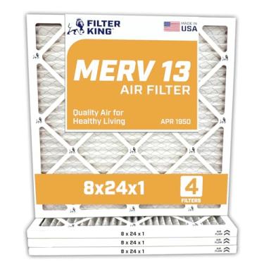 Imagem de Filter King Filtro de ar 8 x 24 x 1 | Pacote com 4 | Filtro de forno A/C plissado MERV 13 HVAC | Feito nos EUA | Tamanho real: 20 x 61 x 1,90 cm