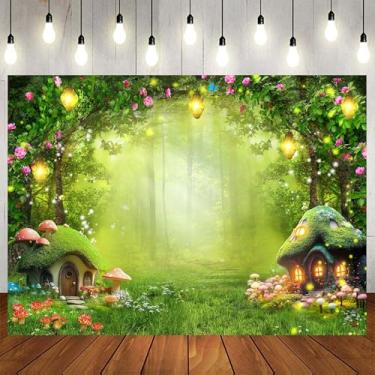 Imagem de Cenário de foto de floresta encantada, pano de fundo do país das maravilhas para festa de princesa para chá de bebê, cabine de cogumelo mágico de conto de fadas para decoração de parede de quarto de
