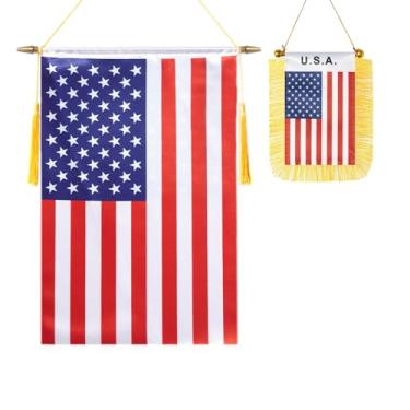 Imagem de Pacote com 2 bandeiras de parede dos EUA, mini bandeira de janela de carro com acabamento acetinado em tecido resistente, bandeiras patrióticas para decoração de espelho retrovisor de carro para sala
