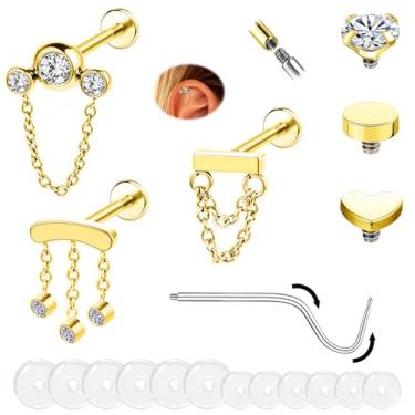 Imagem de ZS Anel labial com pingente de ouro 16G - 6 mm 8 mm Labret Studs para cartilagem, hélice, tragus, lóbulo - aço inoxidável hipoalergênico, 3 peças com cone de inserção e discos de silicone, 6mm, Aço