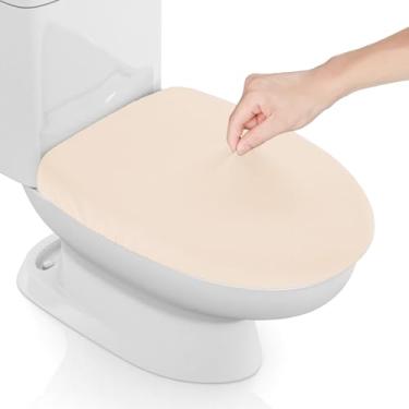 Imagem de Tampa de vaso sanitário de elastano elástico, capa de assento de vaso sanitário grossa para banheiro, capa de vaso sanitário macia lavável, cabe na maioria das tampas de vaso sanitário, bege claro