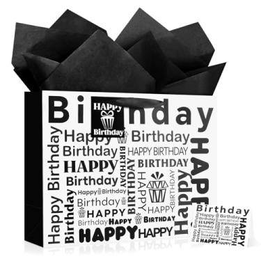 Imagem de YoungTree Saco grande de presente de feliz aniversário com papéis de seda e cartão, sacos de presente de papel portátil com alças, sacos de presente brancos e pretos para mulheres e homens, artigos de