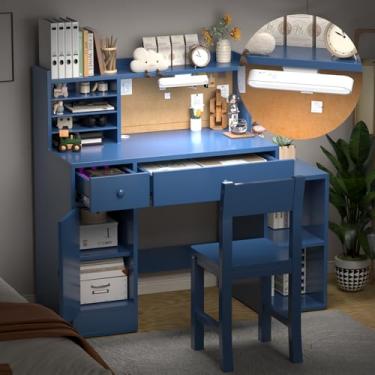 Imagem de RUPOLX Wooden Blue Kids Study Desk and Chair Set with Light, 2 Drawers and 4 Storage Cabinets, Children Desk with Hutch and Shelves, Girls Study Desk for Kids Bedroom-003
