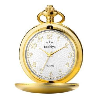 Imagem de BOSHIYA Relógio de bolso clássico de quartzo vintage liso, escala de algarismos arábicos, relógio masculino e feminino com corrente, presente de Natal, formatura, aniversário, dia dos pais, ouro 01