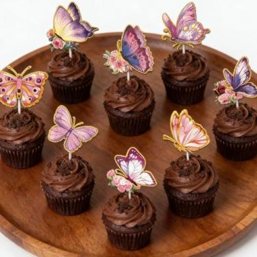 Imagem de Conjunto de topos de bolo de borboleta, decorações de papel wafer com efeito 3D, borboletas de papel de arroz de cores mistas para decoração de sobremesas e festas