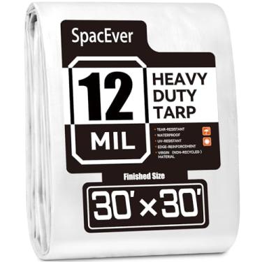 Imagem de Lona resistente de 30 x 30 pés, lona grande de 12 mil de espessura à prova d'água com ilhós, resistente a UV e rasgos, capa de plástico para barraca de telhado de piscina, lenha ao ar livre, branca