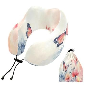 Imagem de CEBUGI Travesseiros de viagem portáteis em forma de U, travesseiro de pescoço de espuma viscoelástica com trava de corda ajustável para avião, viagem, trem, negócios, escritório, soneca (borboleta)