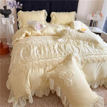 Imagem de XLCZMYL Jogo de cama de 4 peças, estilo princesa, flores, renda, babados, capa de edredom Queen King, saia/lençol de cama/lençol com elástico, amarelo, tamanho Queen 4 peças