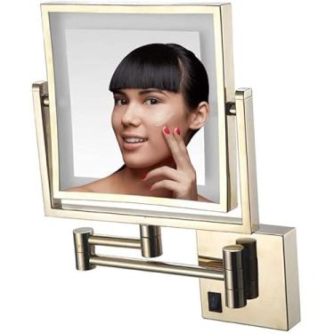 Imagem de Espelho de maquiagem para montagem na parede, espelhos de maquiagem LED de 20 cm, espelho cosmético, montagem na parede, instalação escura, espelhos de banheiro, quadrados, dupla face, iluminados para