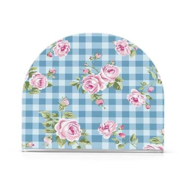 Imagem de Porta-guardanapos rosa quadriculado com flange azul para mesas, porta-guardanapos de Halloween para cozinha, porta-guardanapos de mesa, porta-guardanapos de coquetel, porta-guardanapos de papel417