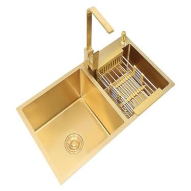 Imagem de PVXMQFFA Pia de cozinha de aço inoxidável 304 grossa nano ouro pia bar balcão feito à mão pequena pia dupla cozinha com torneira quadrada (cor: ouro, tamanho: 82 * 45 * 22 cm)