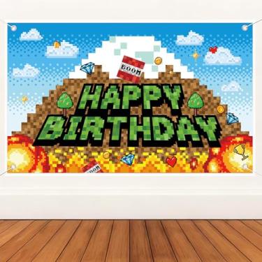 Imagem de Decorações Festa Aniversário Pixel, 180x110cm Grande Painel Happy Birthday Bandeira Suspensa Pixel Suprimentos Festa Tema Jogo para Crianças Garotos Acessórios Fotos
