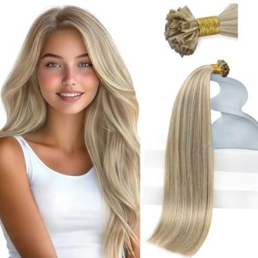 Imagem de Sunny Hair Extensões de cabelo K Tip Soft K Tip Hair Extensions True Human Hair Ash Blonde Highlight Golden Blonde Ktip Human K Tips Keratin Hair for Women 35.6 cm 50g