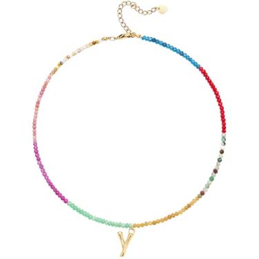 Imagem de MEVOME Colar feminino com contas com inicial de pedras, semipreciosas, boho, pedra semipreciosa, banhado a ouro 18 K, arco-íris, colorido, moderno, alfabeto, gargantilha delicada, joia feminina para