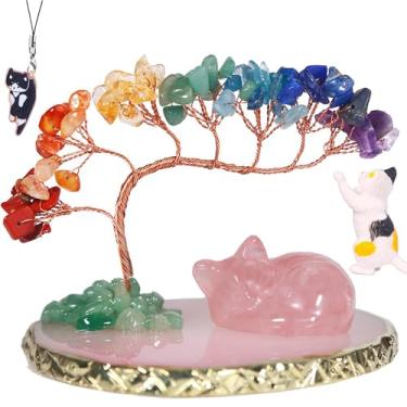 Imagem de Dreamgirnh Árvore de cristal de chacra de gato opala e pedras de cura linda estátua de gato adormecido estatueta de gatinho da sorte escritório quarto casa mesa decoração de jardim de fadas presentes