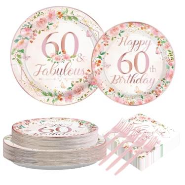 Imagem de Greencian 200 peças de decorações de aniversário de 60 anos para mulheres, pratos e guardanapos de festa de 60 anos, descartáveis, ouro rosa, 60, fabulosos, conjuntos de utensílios de mesa para