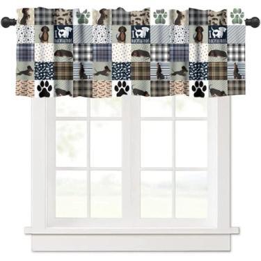 Imagem de Cortinas de sanefas padrão Dachshund para cães, cinza, marrom, xadrez, animal engraçado, patchwork, tratamento de janela, cortinas curtas, bolso de varão, drapeado para sala de jantar, cozinha, casa