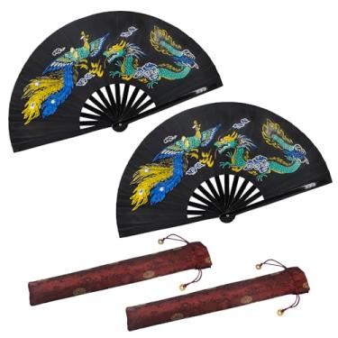 Imagem de Annakideya Ventilador de Kung Fu de dragão chinês - Leque de mão dobrável de bambu de 33 cm para artes marciais, tai chi e dança com design de dragão auspicioso (2, motivos de dragão preto e fênix)