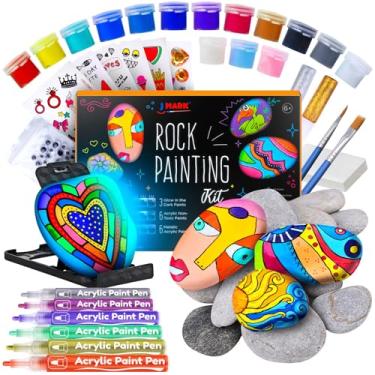 Imagem de J MARK Kit de pintura de rocha premium – Pacote de 42 peças de pintura de rocha - pedras, marcadores de tinta acrílica, brilham no escuro, tintas metálicas e acrílicas, adesivos de transferência, pedras preciosas, olhos Googly, colas de glitter, paleta
