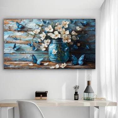 Imagem de Arte de parede em tela rústica Blue Butterflies - Pôster sem moldura de 30,5 x 61 cm - Decoração de casa e escritório para sala de estar, quarto, cozinha e café