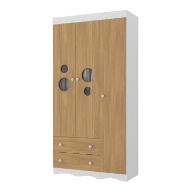 Imagem de Guarda-roupa Infantil 92cm Com Vidro 3 Portas E 2 Gavetas Sonho Multimóveis MP4472 Branco-madeirado