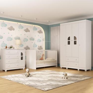 Imagem de Quarto De Bebê Completo Com Berço 3 Em 1 Para Colchão 130x60cm Nina Multimóveis MP4550 Branco