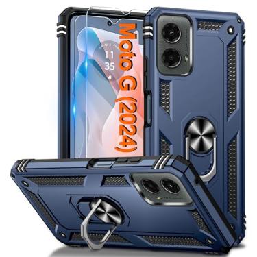 Imagem de Capa para Moto G-5G 2024 com 2 peças de protetor de tela HD, suporte de anel magnético resistente [grau militar] capa protetora para Motorola Moto G 5G 2024, azul