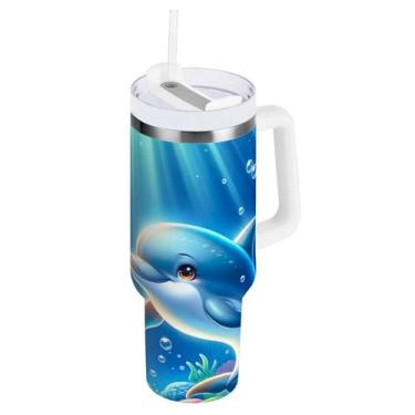 Imagem de ODAWA Copo de água azul coral golfinhos grandes com alça e canudo, copo com isolamento duplo com tampa 2 em 1