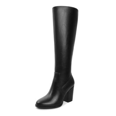 Imagem de Eldof Botas de cano alto femininas salto grosso, bico redondo, salto alto, cano alto, cano longo, botas de couro Gogo 8,5 cm, Preto, 37