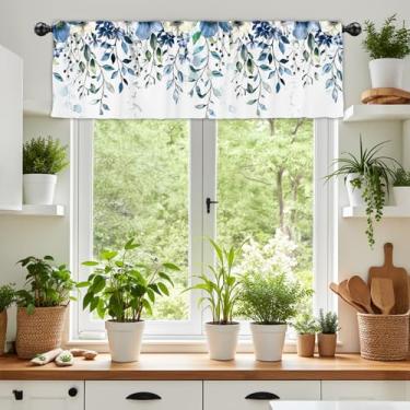 Imagem de DOTOOMA 137 x 45,7 cm azul folha de eucalipto tratamento de janela sanefa floral aquarela folhas botânicas bolso haste branco azul marinho flores topper cortina cozinha café sala de estar banheiro