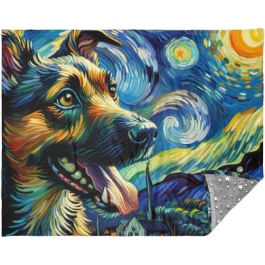 Imagem de Cobertor de noite estrelada com estampa de cachorro fofo para sofá cobertores grossos laváveis para o inverno 178 cm x 139 cm cobertor super macio estampado