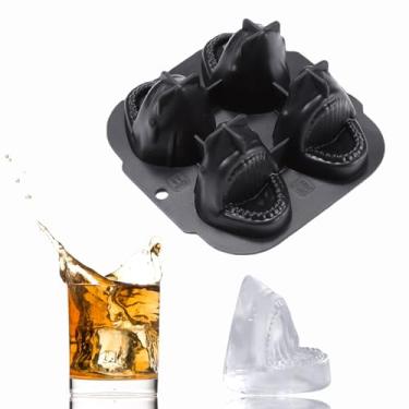 Imagem de Molde de gelo de silicone de tubarão, bandeja de cubo de gelo de tubarão de 4 cavidades para suco de uísque faça você mesmo, máquina de gelo flexível de grau alimentício para Halloween, bebidas de