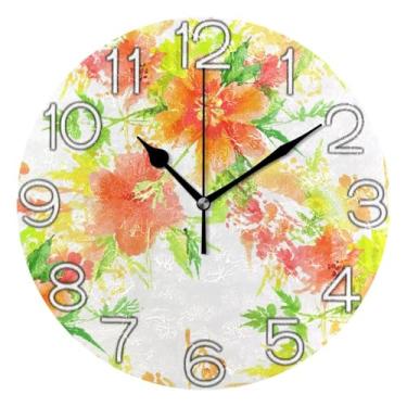 Imagem de GAIGEO Relógio de parede decorativo analógico escritório cozinha relógio estético silencioso sem tique-taque, decoração de parede de meados do século, sala de estar, flores laranja amarelo verde