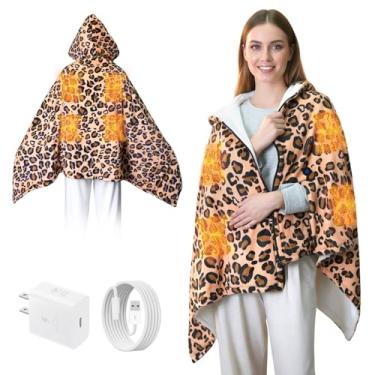 Imagem de Cobertor com capuz aquecido por USB com estampa de leopardo - cobertor usável aquecido tipo C para pescoço e ombro, xale elétrico macio com 1 nível de aquecimento, presentes de inverno para mulheres