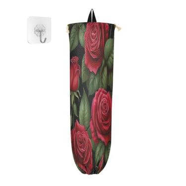 Imagem de Suporte de parede para sacolas de compras de rosas florais e folhas verdes, dispensador de sacolas de supermercado, organizador de armazenamento de plástico para cozinha