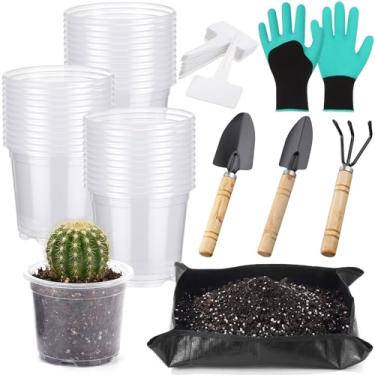 Imagem de Yiyiring Kit de ferramentas de jardim com 83 peças, vasos de plantas de plástico transparente de 7,6 cm com tapete de transplante, conjunto de ancinho de cultivador de espátula, etiqueta e luva