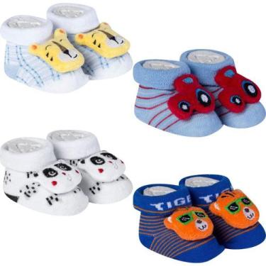 Imagem de Kit 4 Meias Bebê Pantufas Divertidas Recém-Nascido Menino Algodão Maci