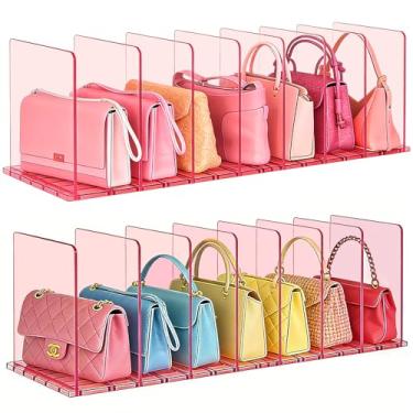 Imagem de SortNStore Organizador de bolsa para armário: divisórias de prateleira ajustáveis sacos de acrílico organizadores de armário e armazenamento rosa 4 bases 14 prateleiras
