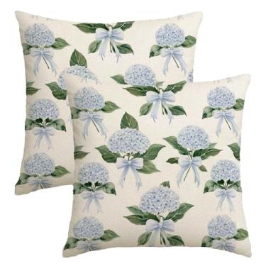 Imagem de NUTEEN Capas de almofada de hortênsia 45,7 x 45,7 cm, conjunto de 2 capas de almofada de flores de primavera para ambientes externos com hortênsia azul para sofá ao ar livre