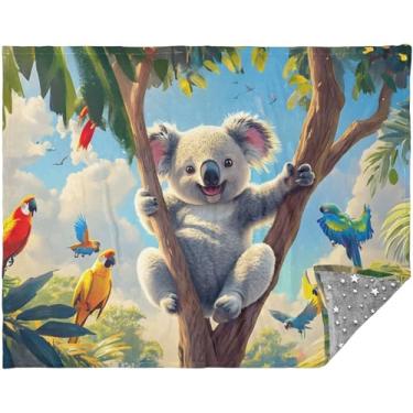 Imagem de TSENQUE Manta de presente personalizada com papagaios coalas tropicais, verde tropical, cobertor de presente para homens e mulheres, 178 cm x 139,7 cm, cobertor de viagem rosa