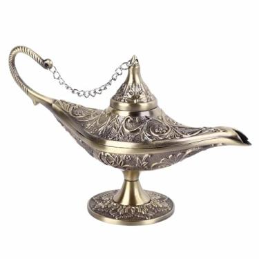 Imagem de TOPINCN Lâmpada Mágica Vintage, Luz de Desejo árabe Esculpida Em Metal Artesanal para Decoração de Mesa de Festa de Casamento Em Casa, Lâmpada Genie Clássica Liga de Zinco árabe (Bronze)