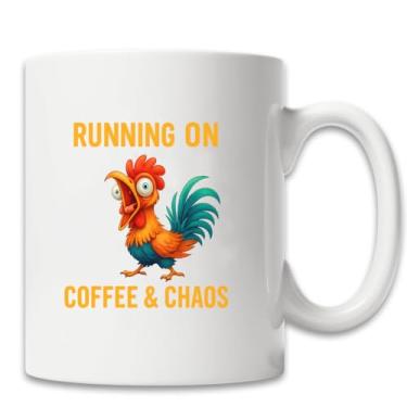 Imagem de MissDaisy - Caneca de frango engraçada de 325 ml – Copo de café de galo bem-humorado para trabalho, casa, amigos, homens, mulheres, colegas de trabalho, presente novidade (correndo no café e caos)