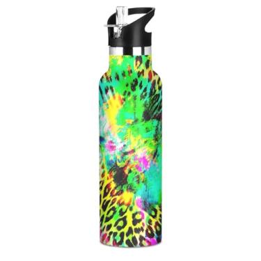 Imagem de Garrafa de água isolada de aço inoxidável de 590 ml com tampa de palha, estampas de animais coloridas, garrafas de água com tinta neon para meninos, meninas, copos de viagem para crianças, parede