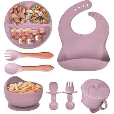 Imagem de Kit 8pçs Talheres de Silicone p/Bebê com Ventosa, Colher, Garfo, Canudo e Babador Infantil (8 pcs/vinho claro)