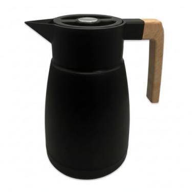 Imagem de Garrafa Térmica 1 Litro, Preta, Polipropileno e Vidro, 23,5cm Altura, Alça de Madeira, Fechamento Rosqueável